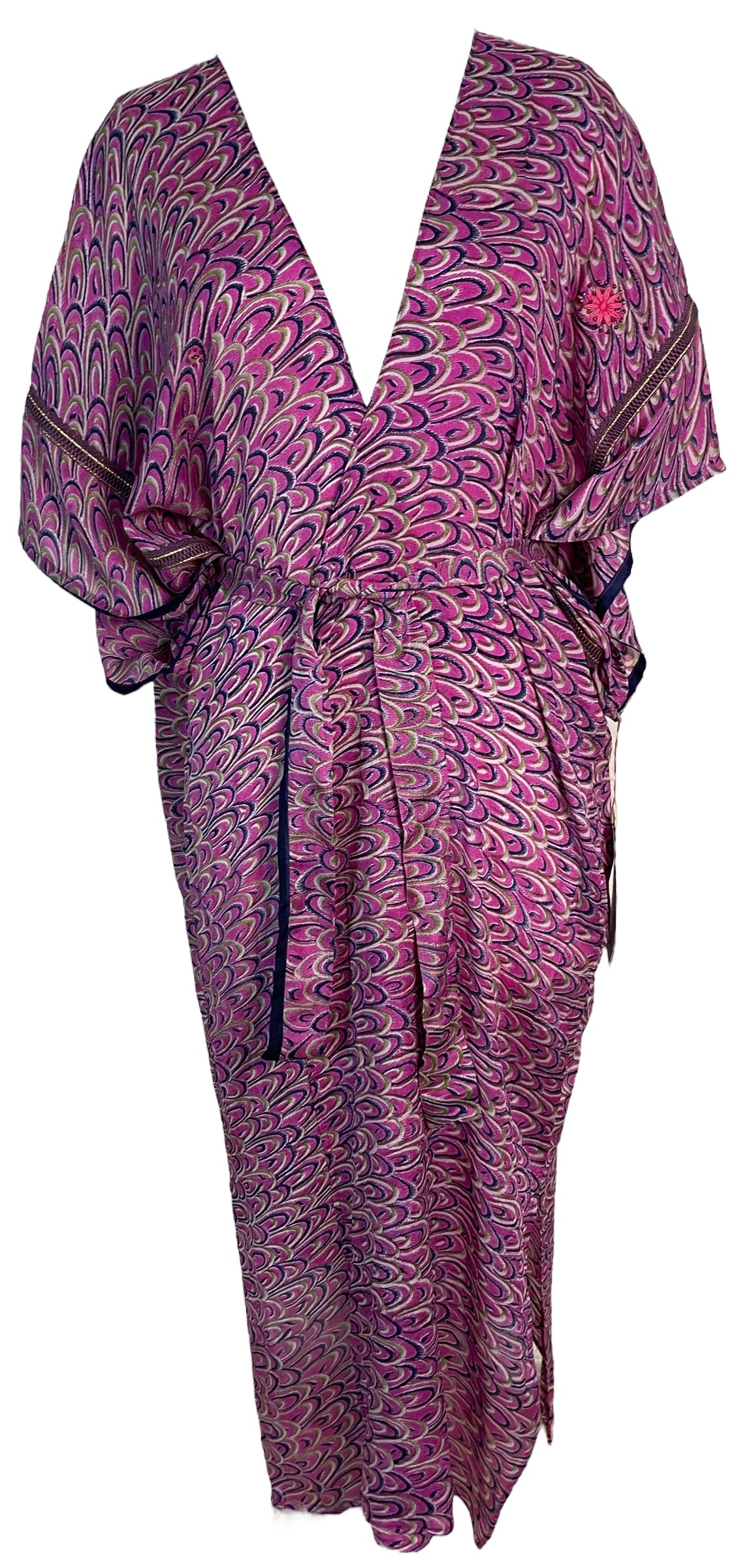 PRC6191 Peignoir Kimono long en pure soie à manches Avatar, avec ceinture