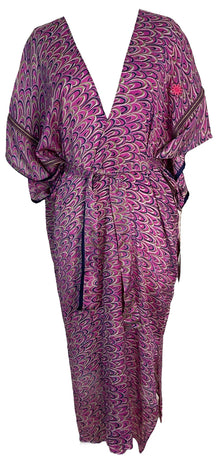 PRC6191 Peignoir Kimono long en pure soie à manches Avatar, avec ceinture