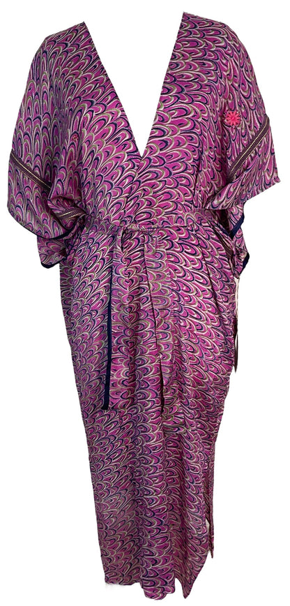 PRC6191 Peignoir Kimono long en pure soie à manches Avatar, avec ceinture