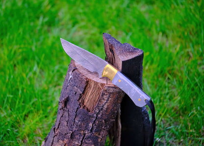 Couteau de chasse Kaito en acier Damas, lame de 4 pouces avec étui en cuir de première qualité