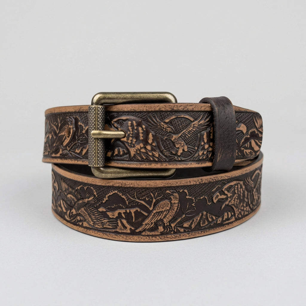 Keldon Grain Leather Men's Eagle Embossed Removable Buckle Belt