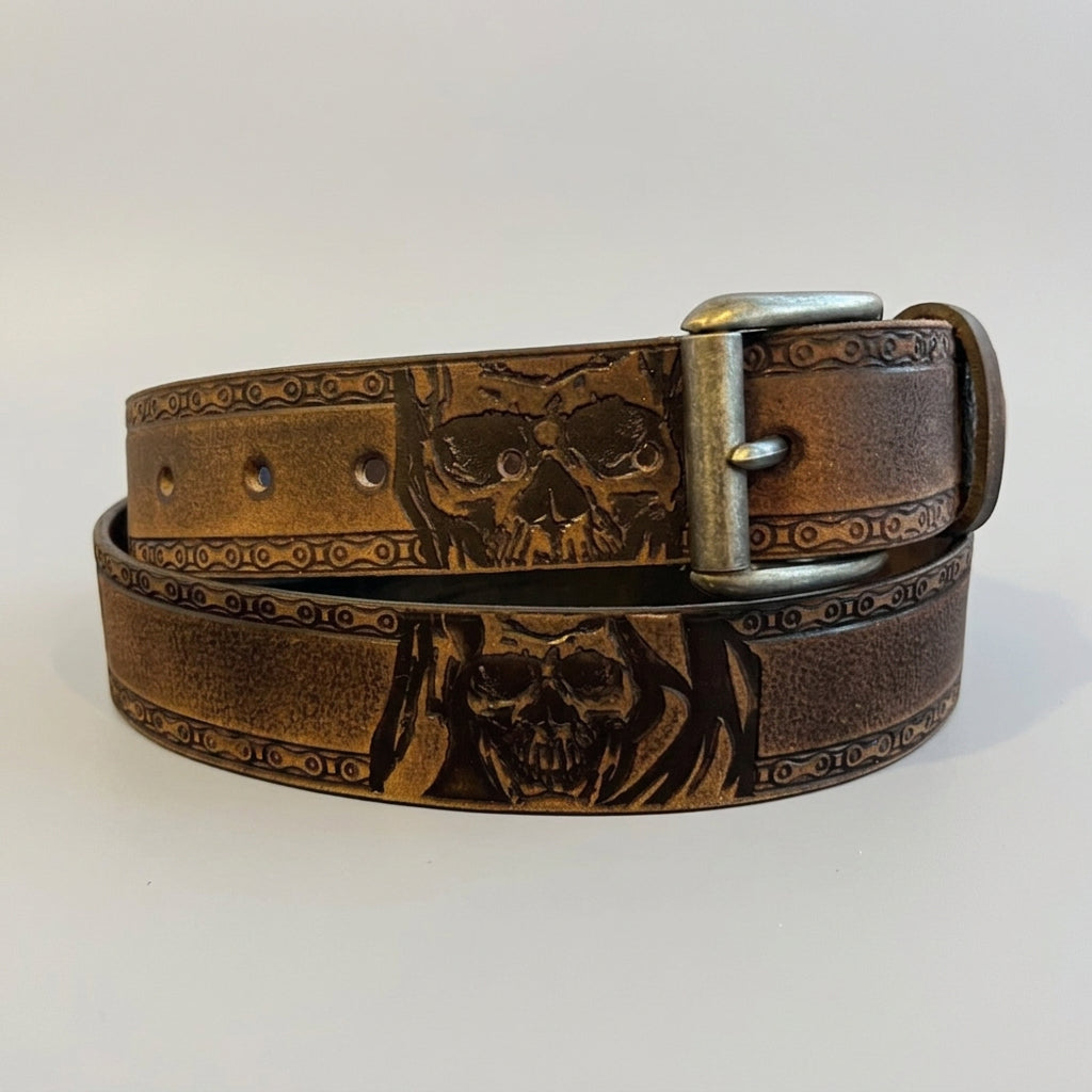 Keldon Men’s Full-Grain Leather Biker Belt. Skull Chain Embossed Design with Removable Buckle