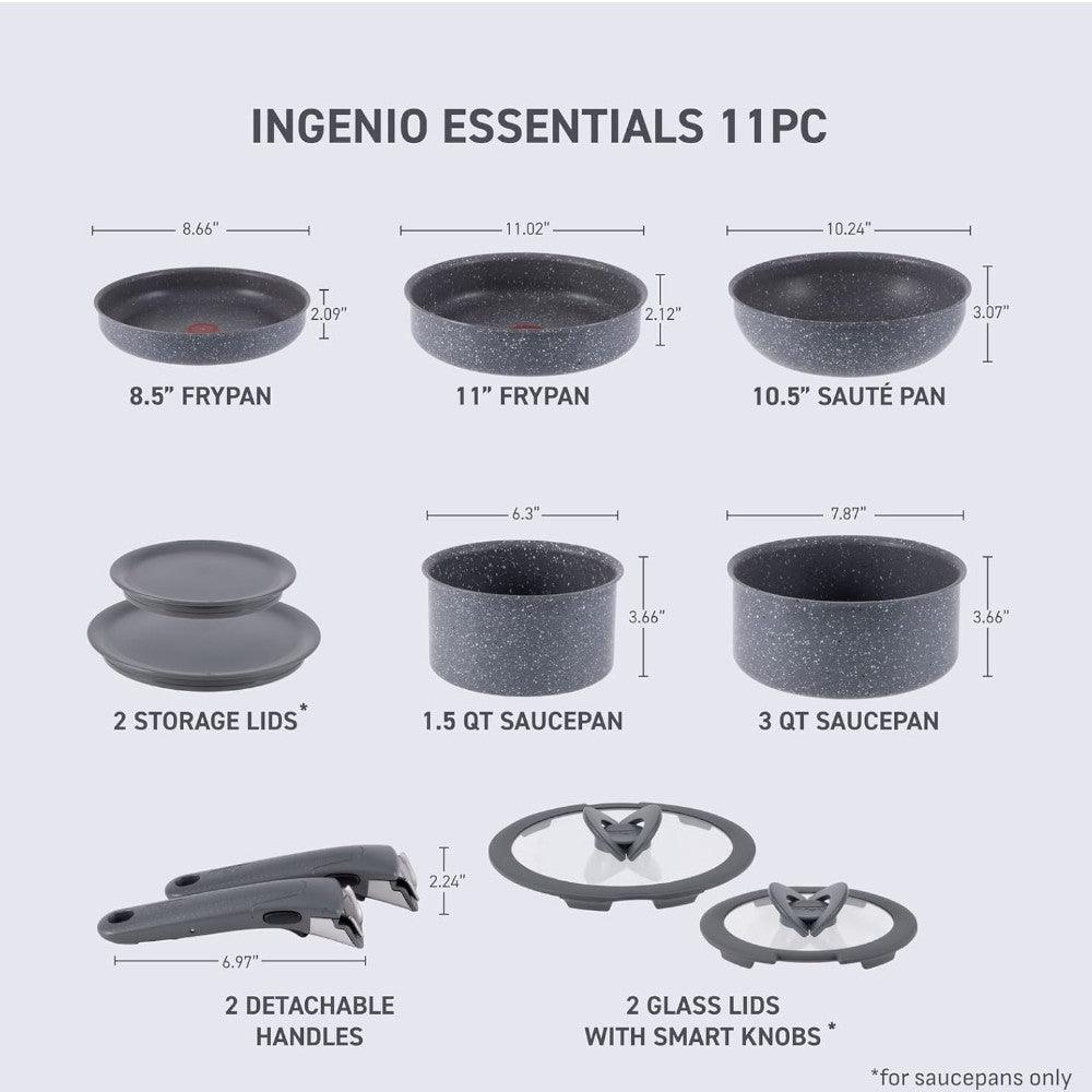 T-FAL L824SB64 Ingenio Essential Non-Stick Cookware 11PC Set - Granite