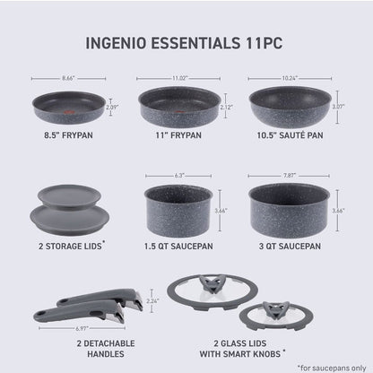 T-FAL L824SB64 Ingenio Essential Non-Stick Cookware 11PC Set - Granite