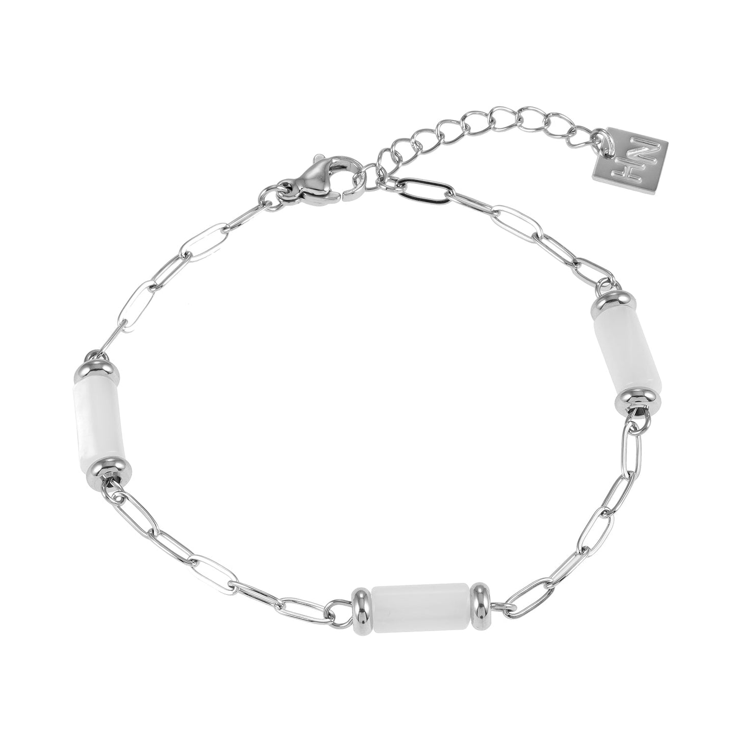 LAGUNA Argent (Or Blanc) : Bracelet mini-chaîne trombone avec perles cylindriques en coquillage naturel