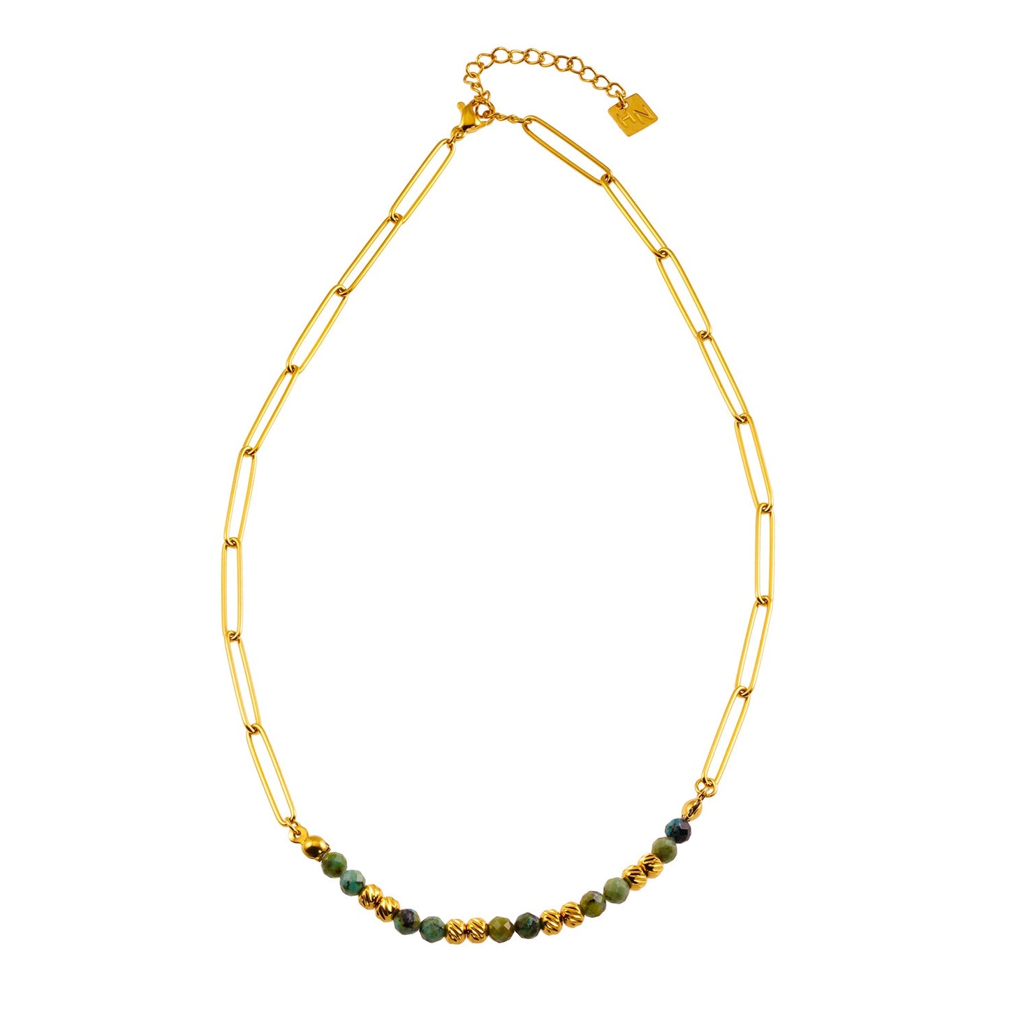 LAIMA : Collier Chaîne Trombone Perlé Doré et Pierres Turquoises Africaines