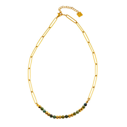 LAIMA : Collier Chaîne Trombone Perlé Doré et Pierres Turquoises Africaines