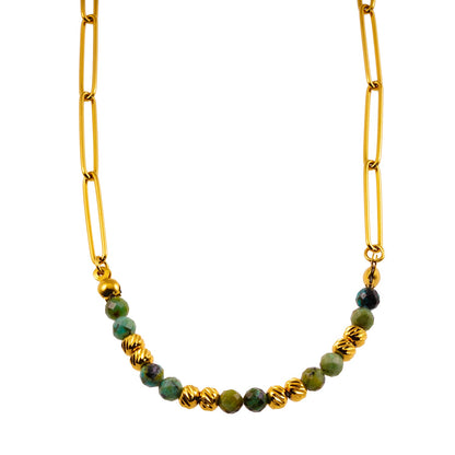 LAIMA : Collier Chaîne Trombone Perlé Doré et Pierres Turquoises Africaines