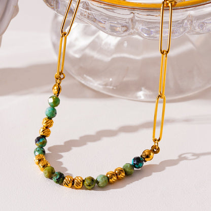 LAIMA : Collier Chaîne Trombone Perlé Doré et Pierres Turquoises Africaines