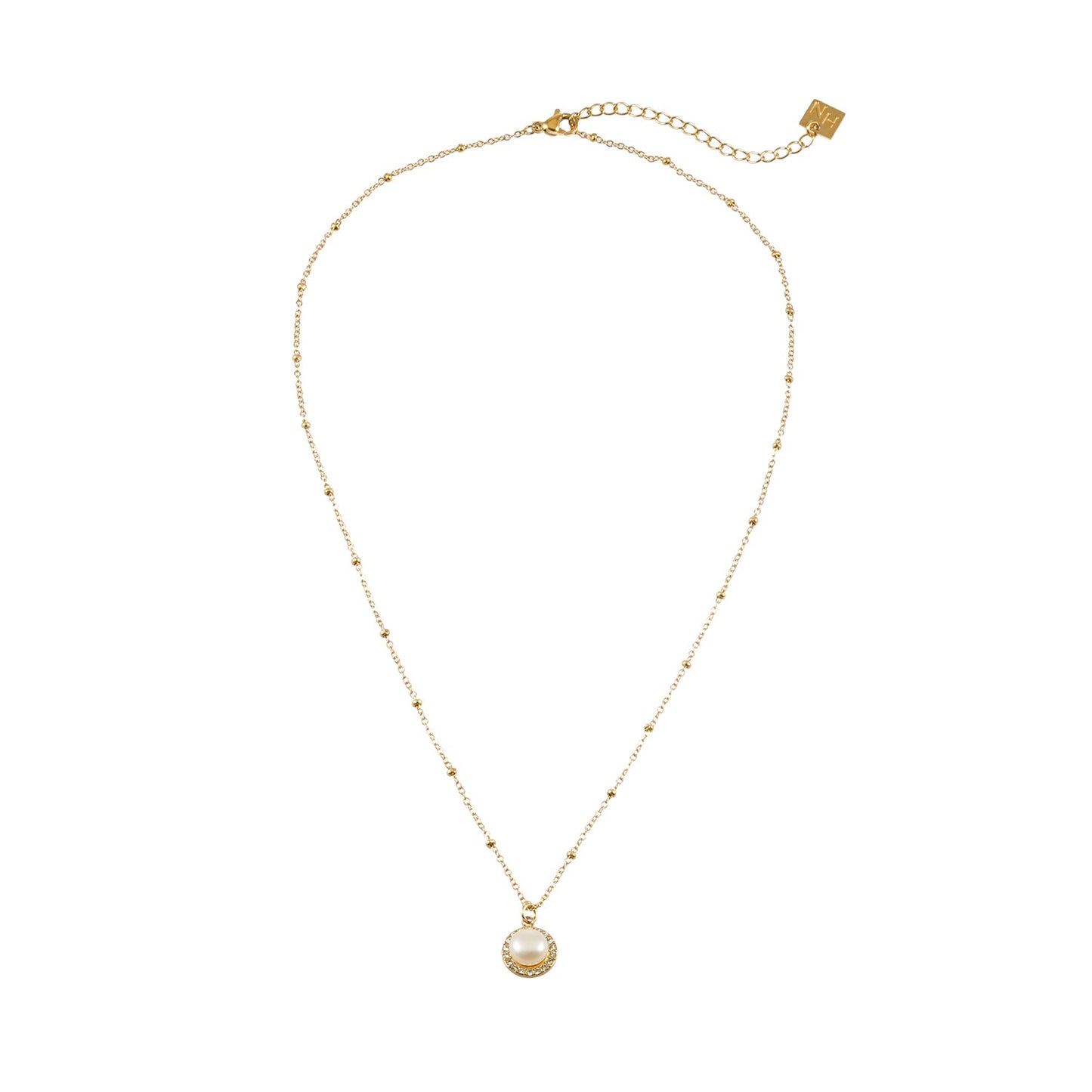 LATAHIA Gold : Collier chaîne perlée avec pendentif bordé de perles d'eau douce et de zircons pavés