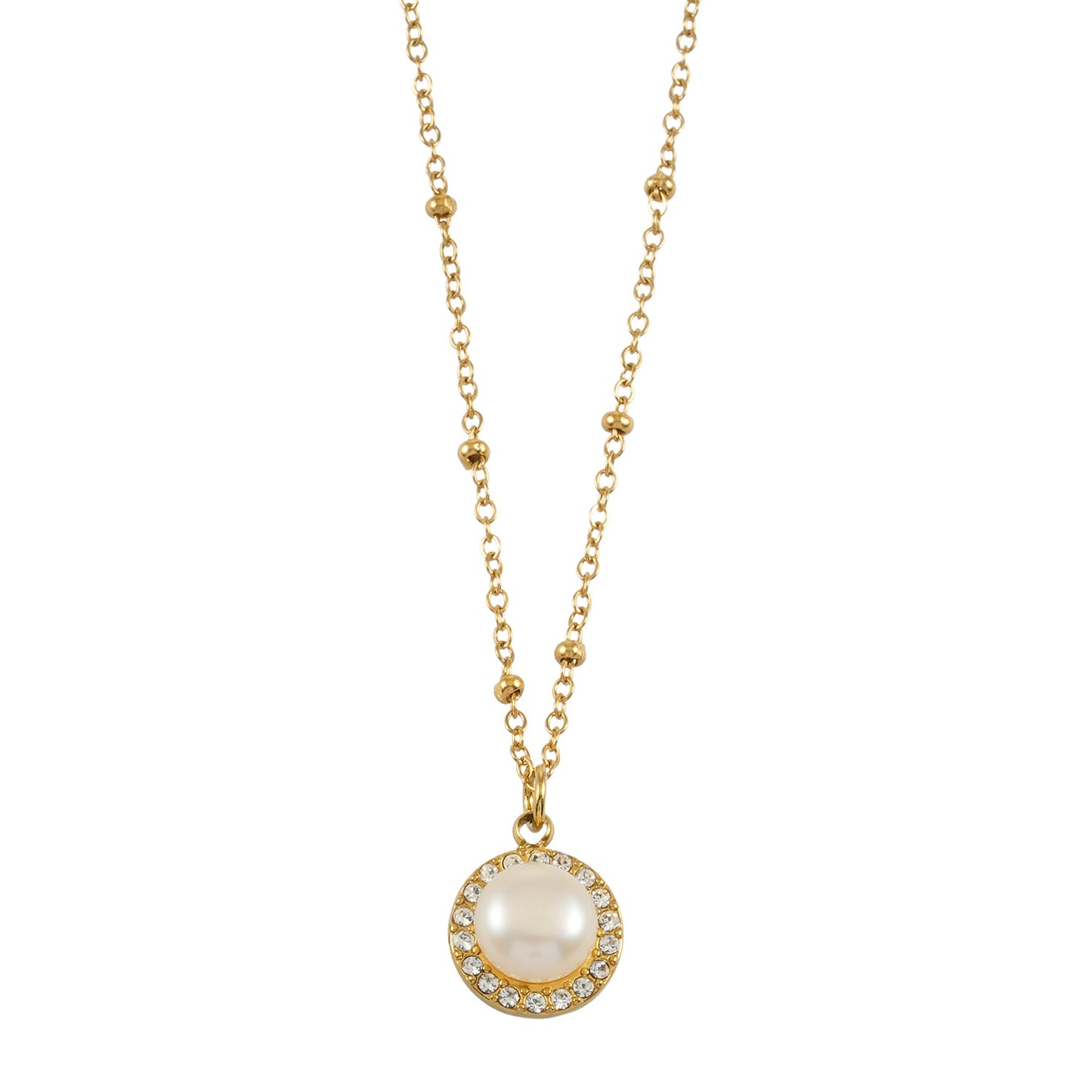 LATAHIA Gold : Collier chaîne perlée avec pendentif bordé de perles d'eau douce et de zircons pavés