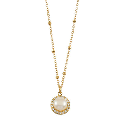 LATAHIA Gold : Collier chaîne perlée avec pendentif bordé de perles d'eau douce et de zircons pavés