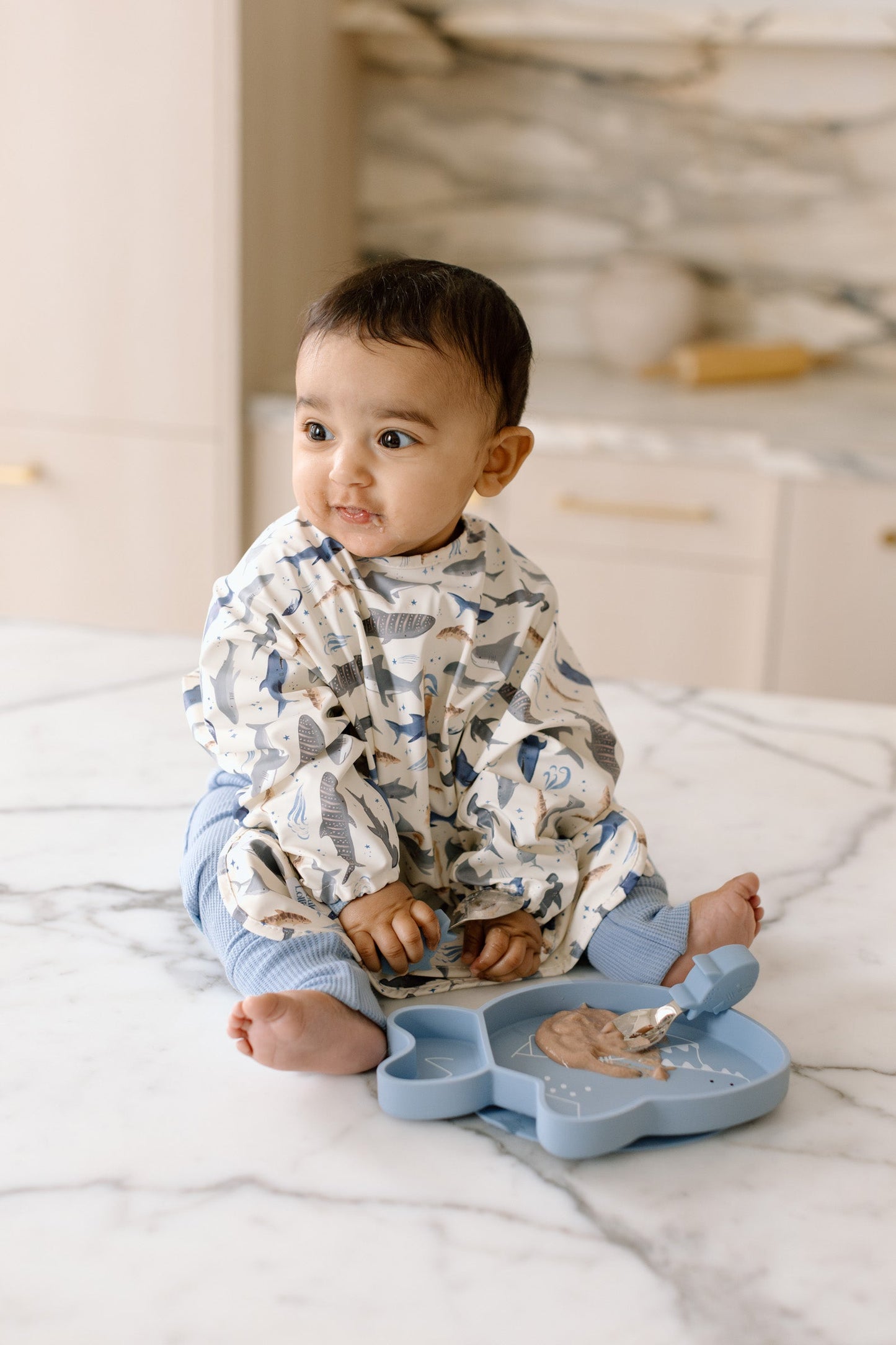 Long Sleeve Bib - Smiley Sharks