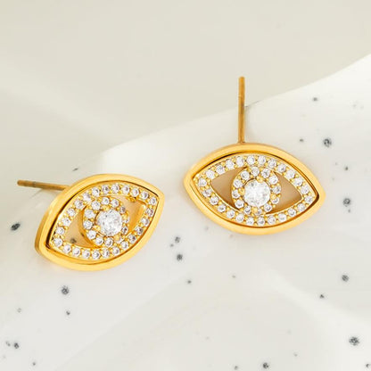 LUCKY EYE Or : Boucles d'oreilles clous œil porte-bonheur serties d'oxydes de zirconium