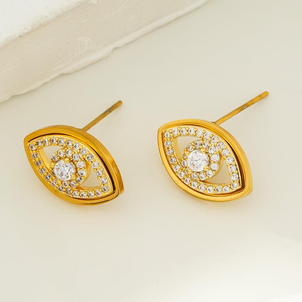 LUCKY EYE Or : Boucles d'oreilles clous œil porte-bonheur serties d'oxydes de zirconium