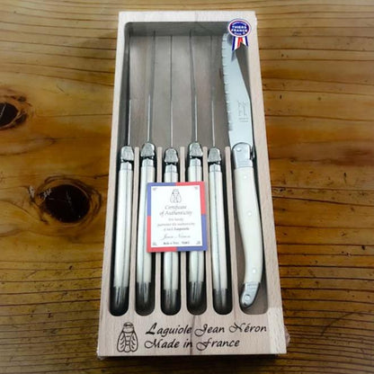 Laguiole ® Steak Knives, Set of 6 - White Handle, in wooden box