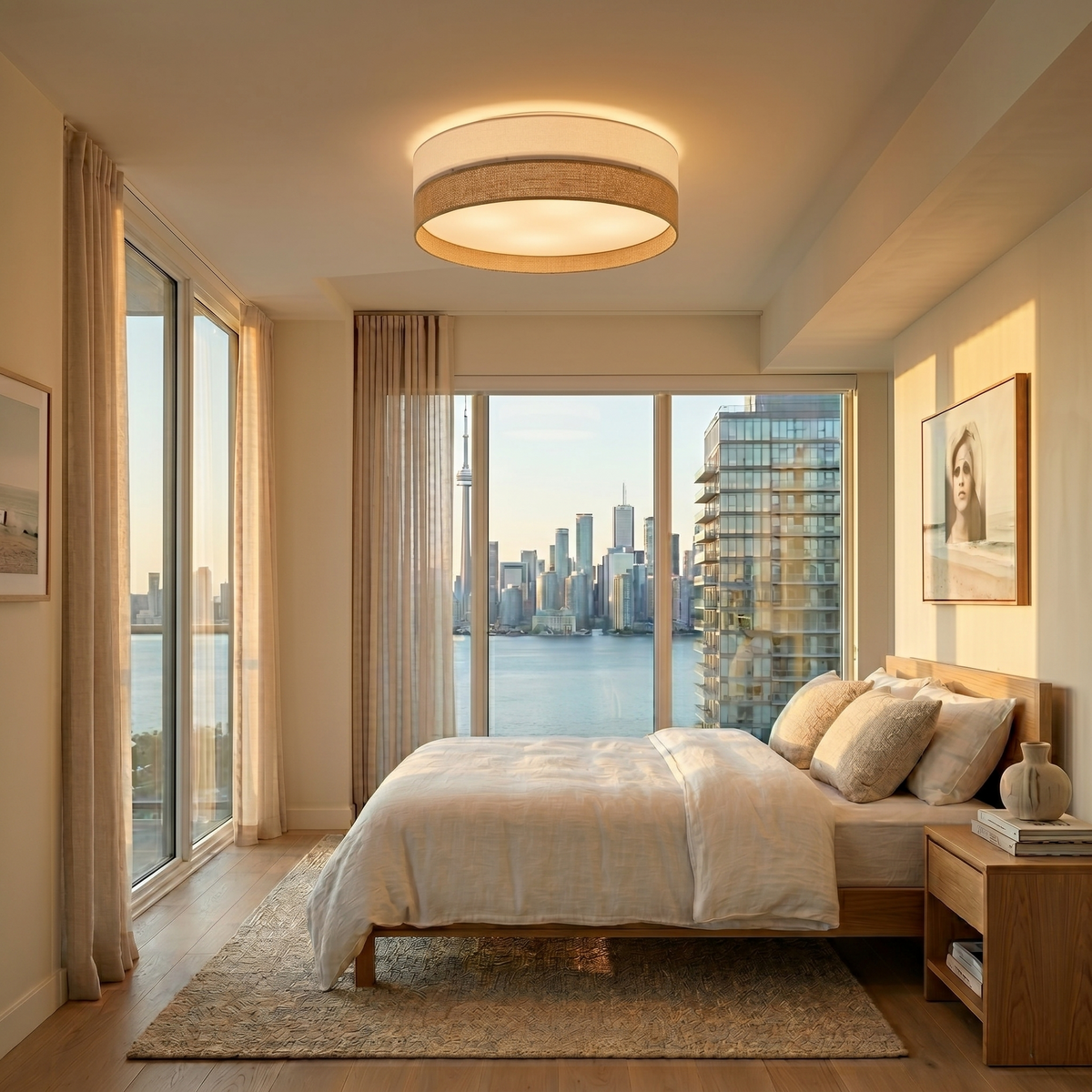 Linobianco Natural  Linen Large Flush Mount Ceiling Light for Bedroom, Hallway & Living Room