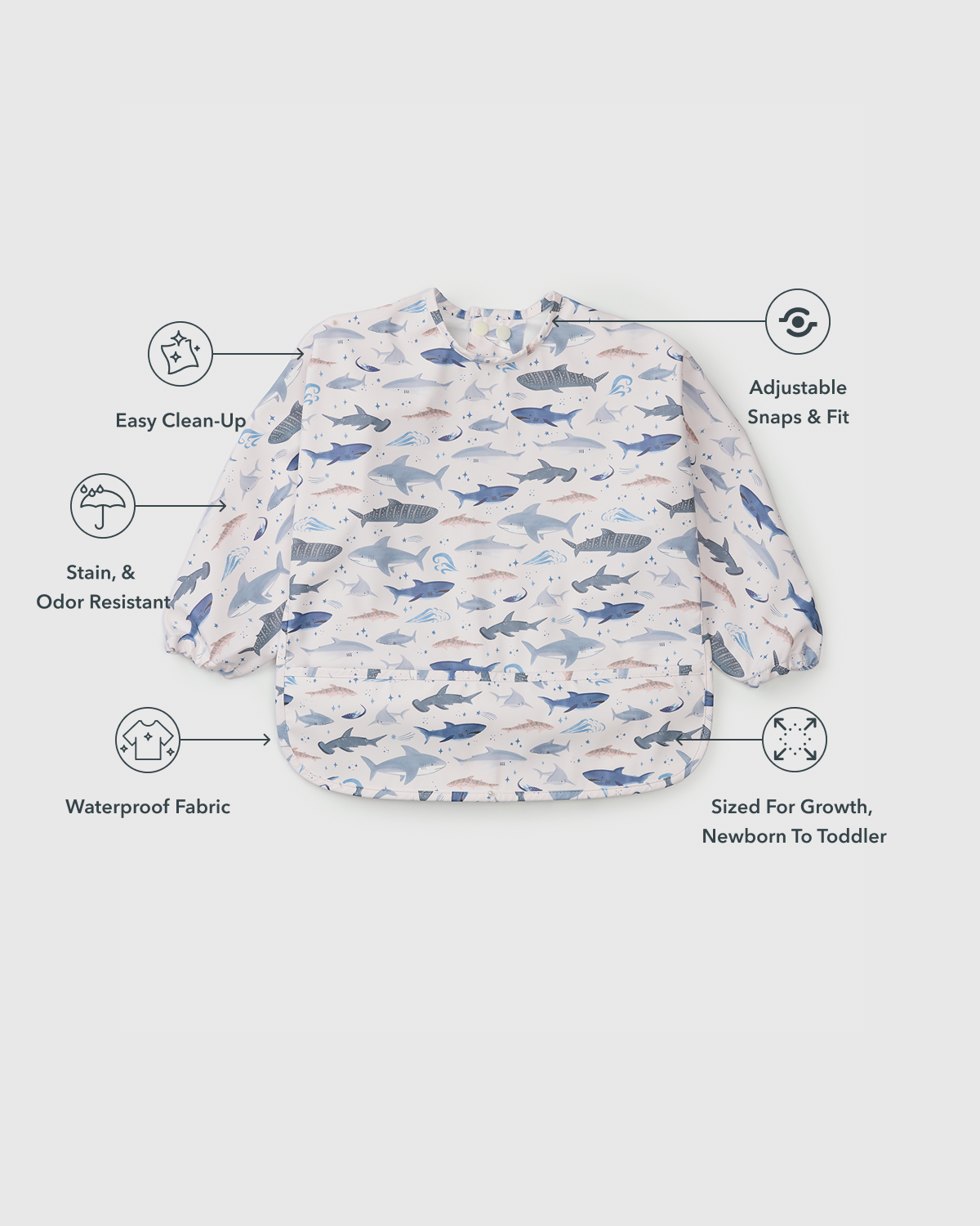 Long Sleeve Bib - Smiley Sharks