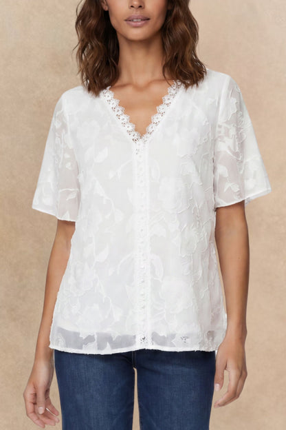 Blouse brodée en V avec dentelle Lucie