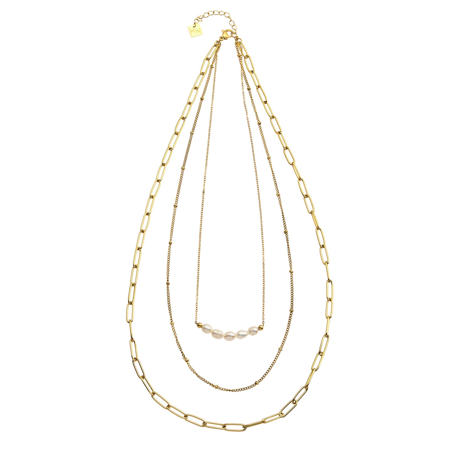 Collier MARLI multichaînes 3 rangs en or avec perles naturelles