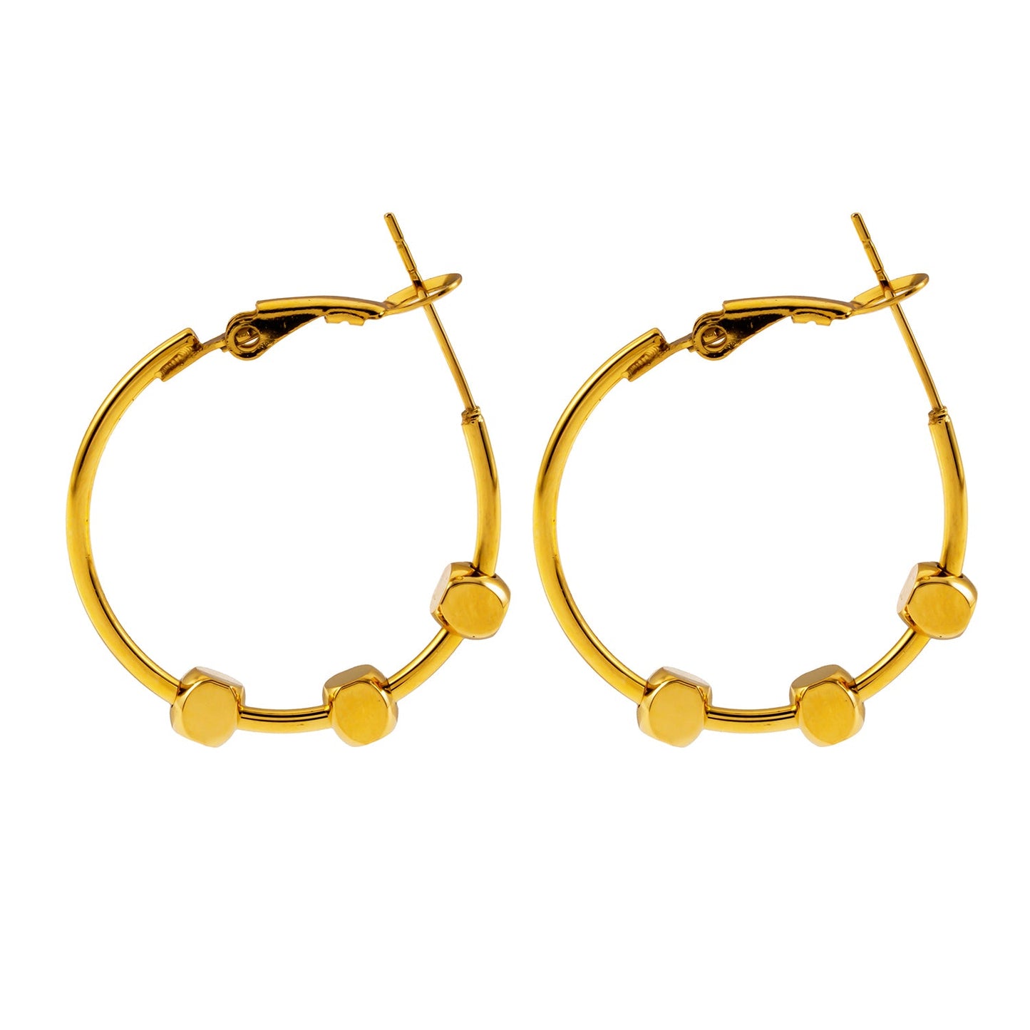 MASUYO: Boucles d'oreilles créoles arrondies d'avant-garde, ornées d'un trio de perles carrées.