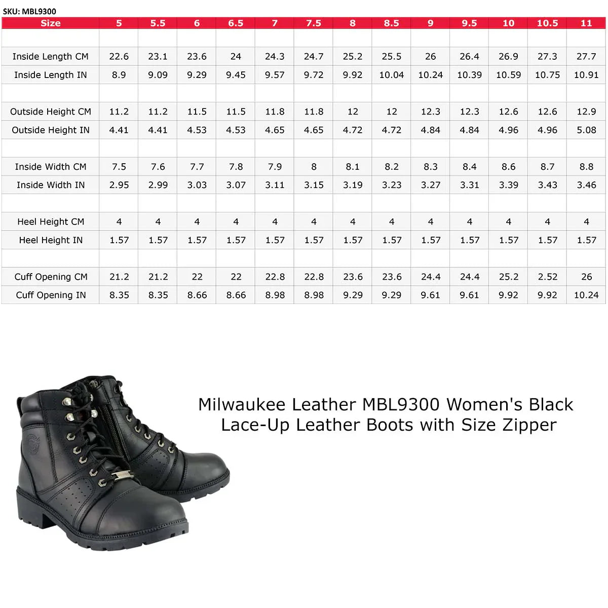 Bottes de moto Milwaukee Leather pour femme, lacées, avec fermeture éclair latérale