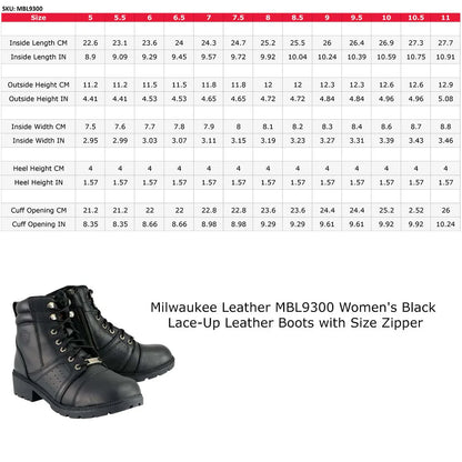 Bottes de moto Milwaukee Leather pour femme, lacées, avec fermeture éclair latérale