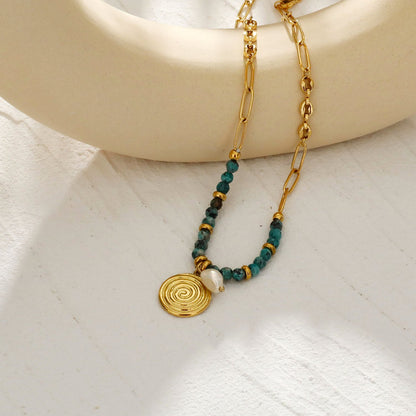 MEDELLIN : Chaîne Contemporaine avec Perles de TURQUOISE AFRICAINE et Duo de Pendentifs