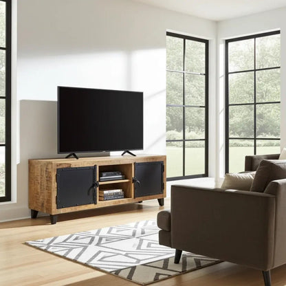Meuble TV en bois de manguier avec porte en acier noir