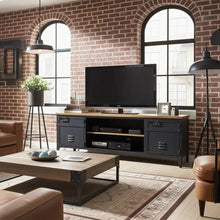 Meuble TV industriel en acier noir style casier avec plateau en bois de manguier