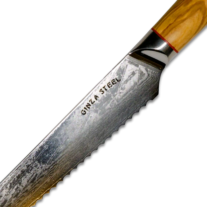 MIA Z | COUTEAU À PAIN 8" Acier Damas AUS10 67 Couches / Manche en bois d'olivier