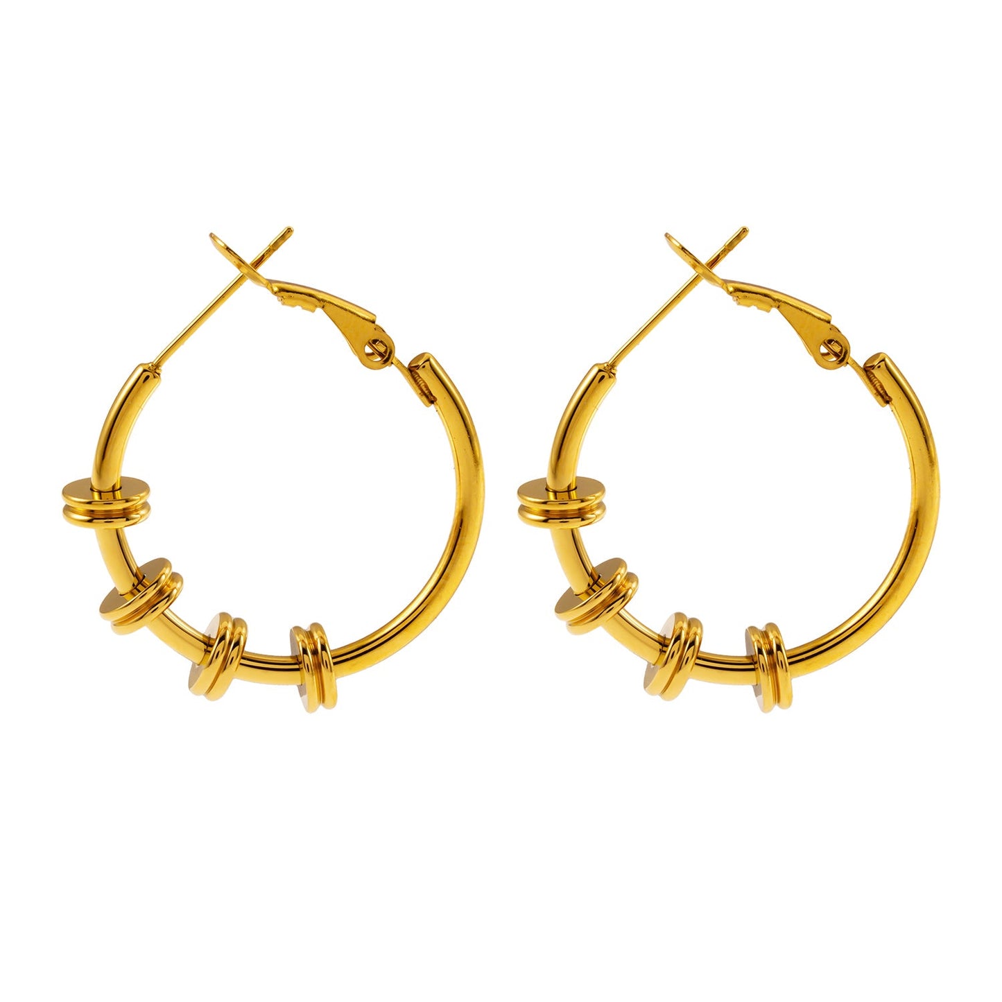 MINATO : Boucles d'oreilles créoles modernistes, socle de doubles disques industriels chics.