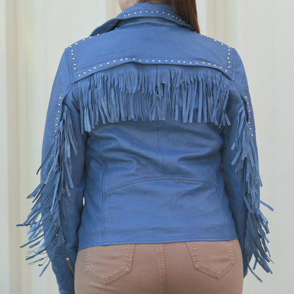 Blouson en cuir clouté pour femme avec franges amovibles