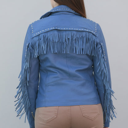 Women's Studded Leather Jacket with Removable Fringe