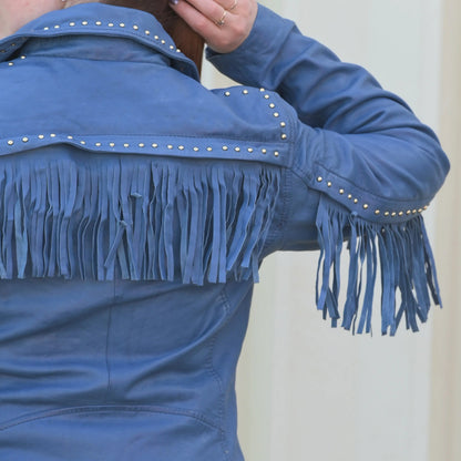 Blouson en cuir clouté pour femme avec franges amovibles