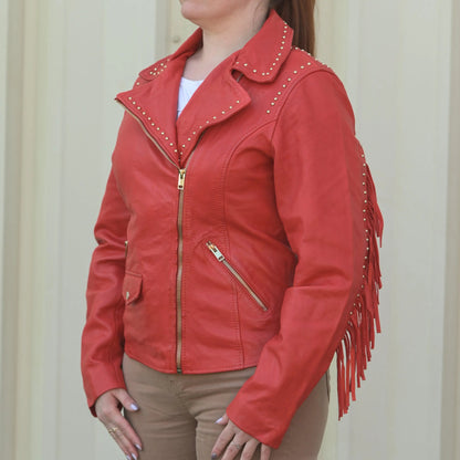 Blouson en cuir clouté pour femme avec franges amovibles