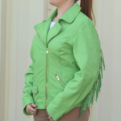 Blouson en cuir clouté pour femme avec franges amovibles