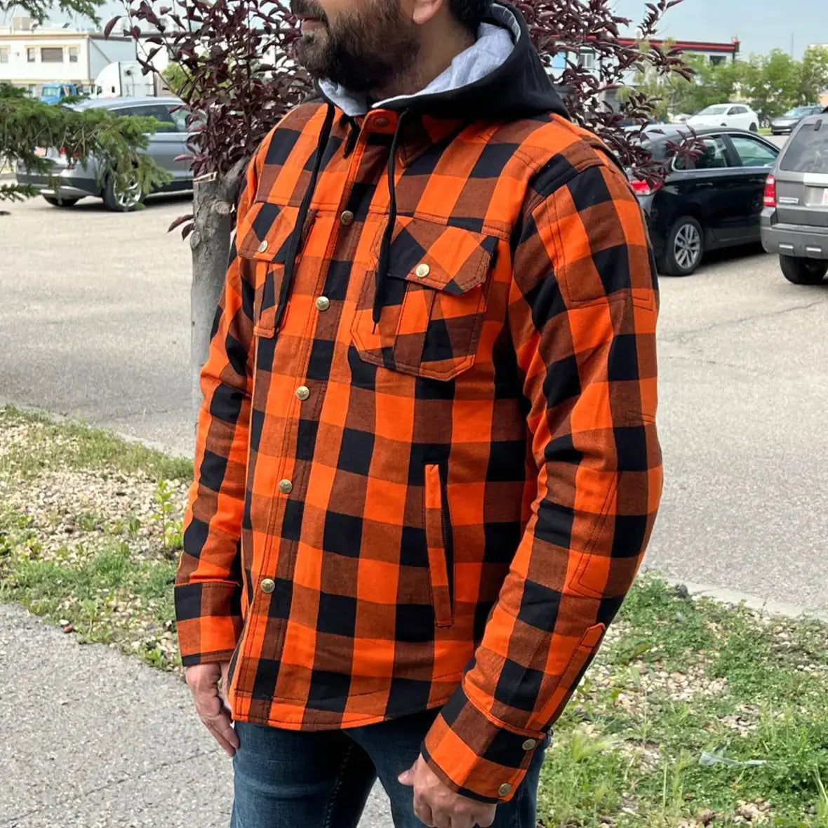 Chemise Biker en Flanelle Blindée Orange et Noire pour Homme Milwaukee Leather avec Fibres Renforcées