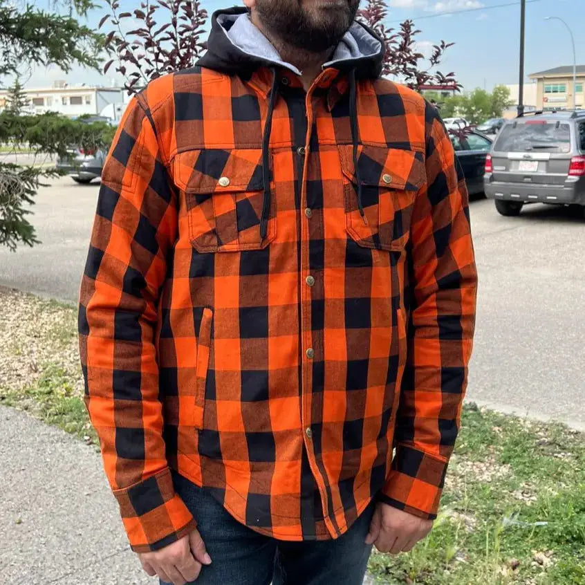 Chemise Biker en Flanelle Blindée Orange et Noire pour Homme Milwaukee Leather avec Fibres Renforcées