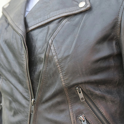 Blouson motard femme en cuir à l'effet patiné