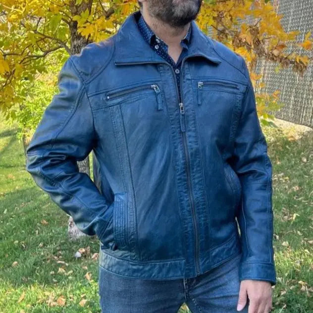 Blouson homme en cuir d'agneau avec deux poches poitrine zippées