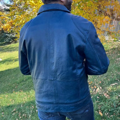 Blouson homme en cuir d'agneau avec deux poches poitrine zippées