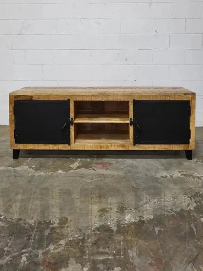 Meuble TV en bois de manguier avec porte en acier noir