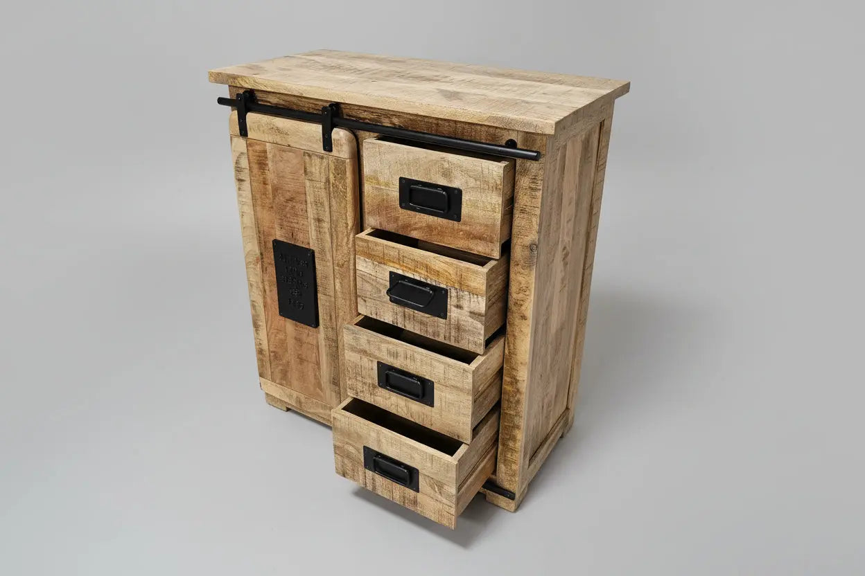 Farmhouse Wooden Mango Chest of Drawers with Sliding Door