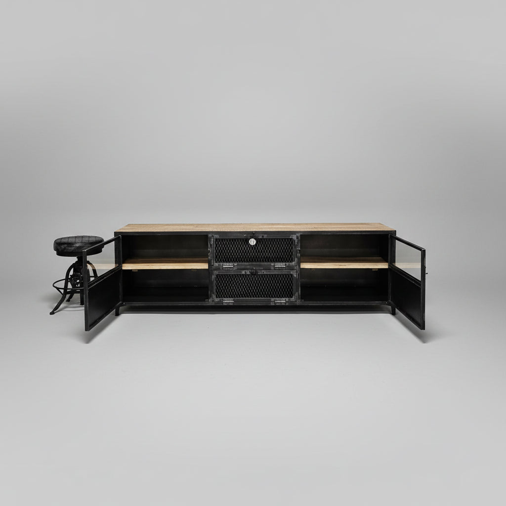 TV stand Ibiza in mango wood and raw steel