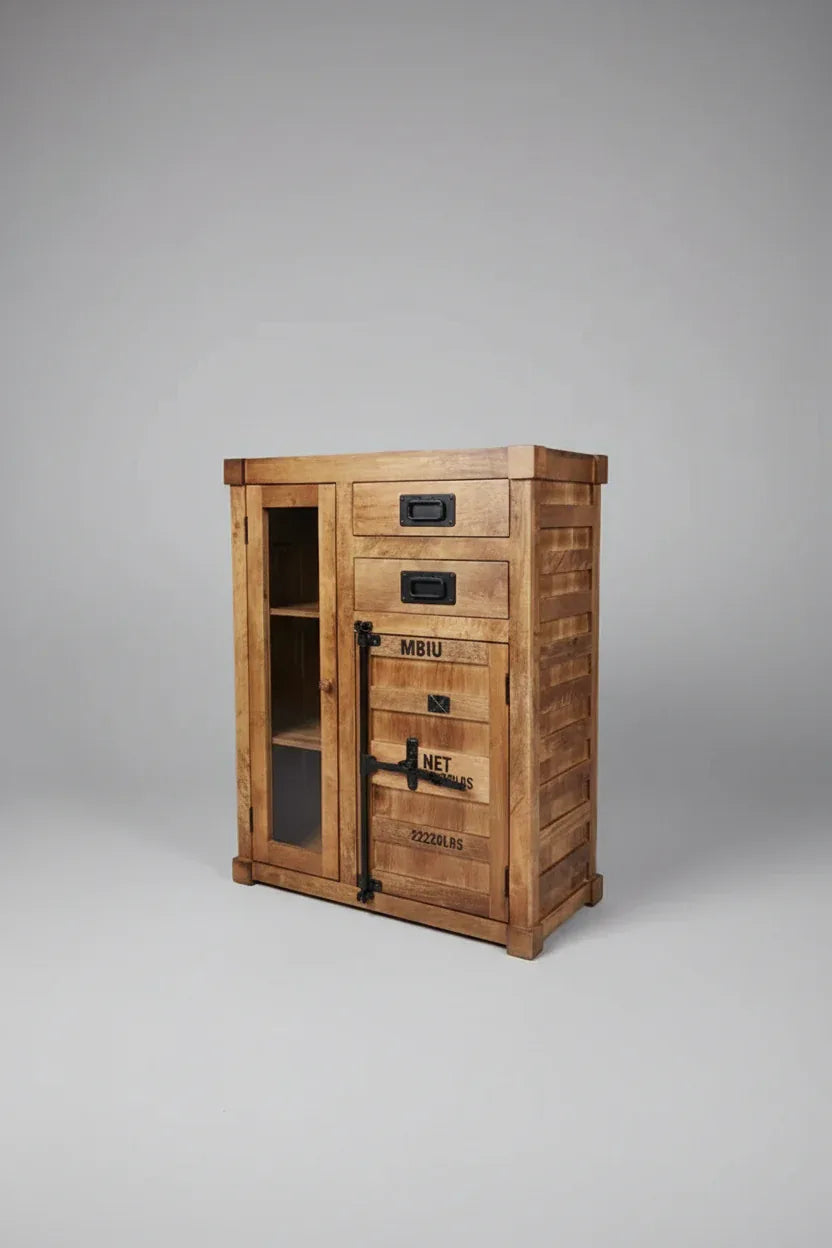 Meuble cabinet style container en bois de manguier avec porte en verre et 2 tiroirs
