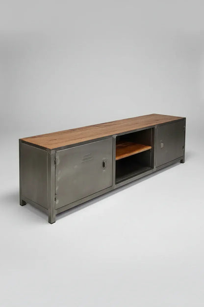 Meuble télé industriel bois antique et acier avec 2 portes style casier