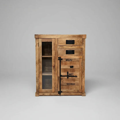 Meuble cabinet style container en bois de manguier avec porte en verre et 2 tiroirs