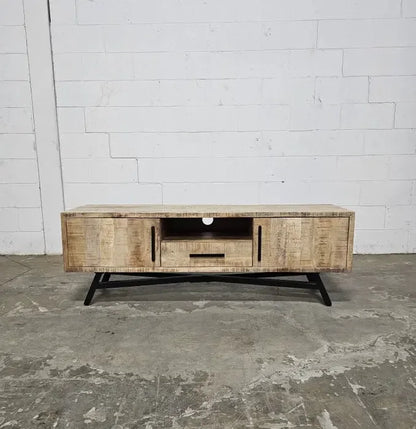 Meuble télé en bois de manguier brut sur patte en acier noir