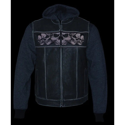Milwaukee Leather Men's Black Leather Vest with Reflective Skulls & Full Hoodie Liner